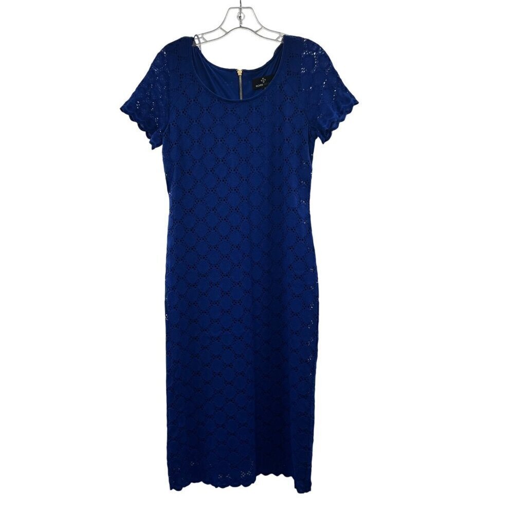 Ronni Nicole Short Sleeve Circular Lace Overlay Midi Sheath Dress Blue Sz 6 New